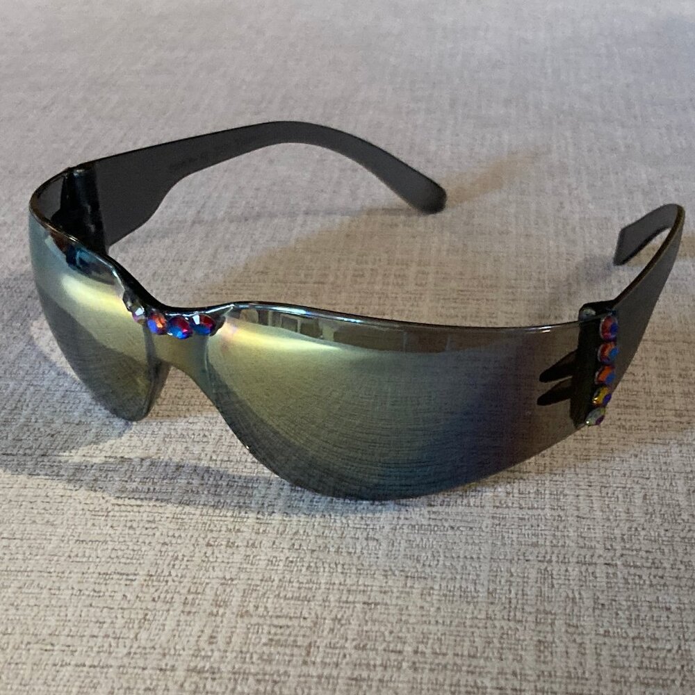 Blue Swarovski Crystal Accented Gold and Blue Mirror Sunglasses - Unique - NEW
